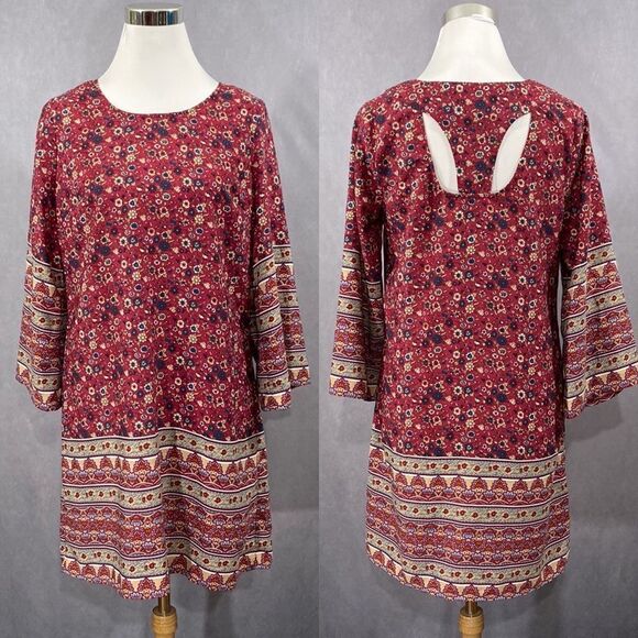 Burgundy Floral Ethnic Print Boho Mini Dress - Picture 1 of 10